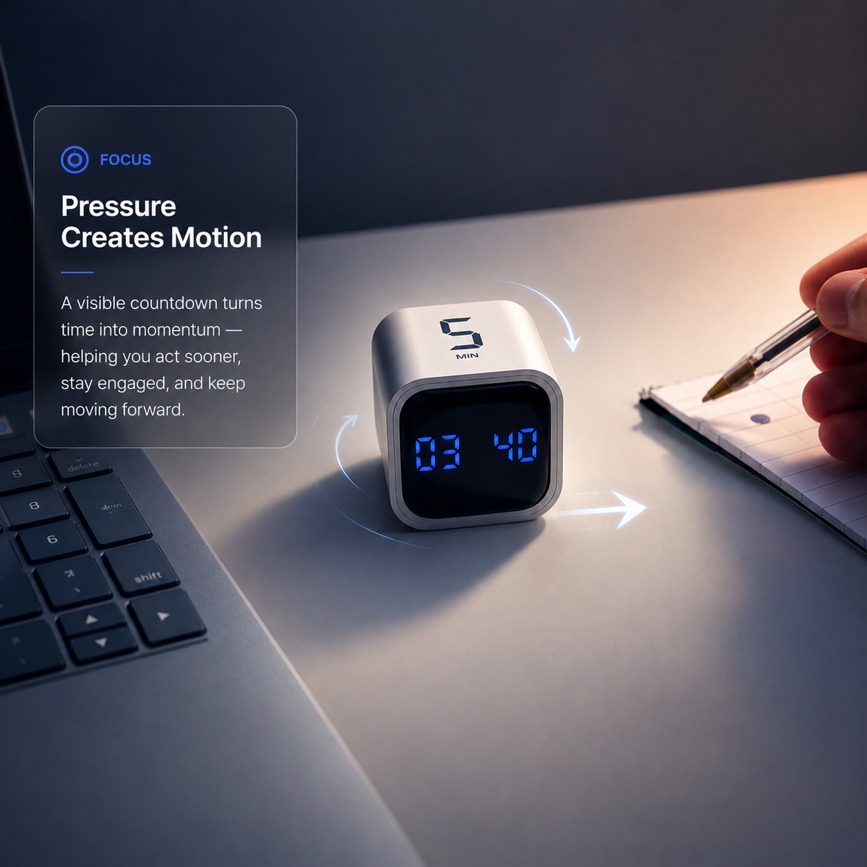 Black gravity-activated focus timer beside a laptop